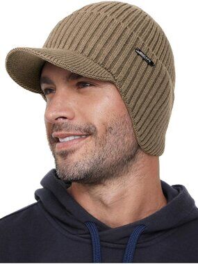 Unisex Brown Lined Knit Beanie With Brim Ear Flaps Winter Classic Stocking Cap